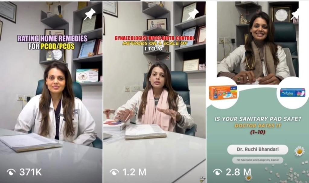 Mishka IVF Instagram Reels growth proof showing 371K, 1.2M, and 2.8M views on educational healthcare content created by NimNit